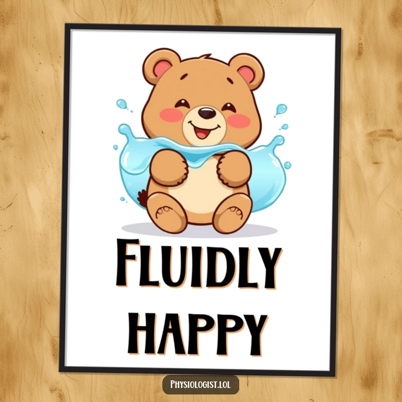 Funny bear fluid balance digital art print of a smiling bear jiggling with wobbly blue liquid, for science decor.