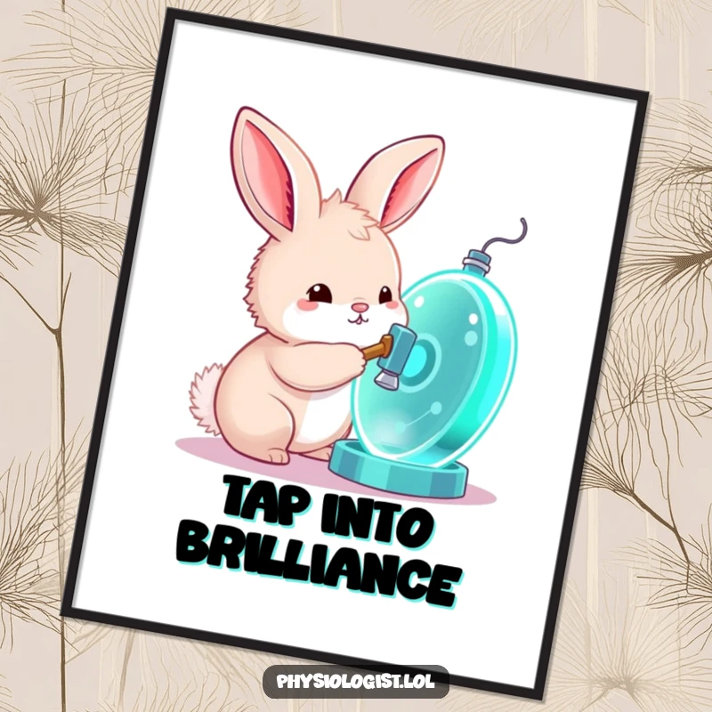 Funny bunny digital art print, a curious bunny taps a glowing cell model with a tiny hammer, offering instant scientific art.