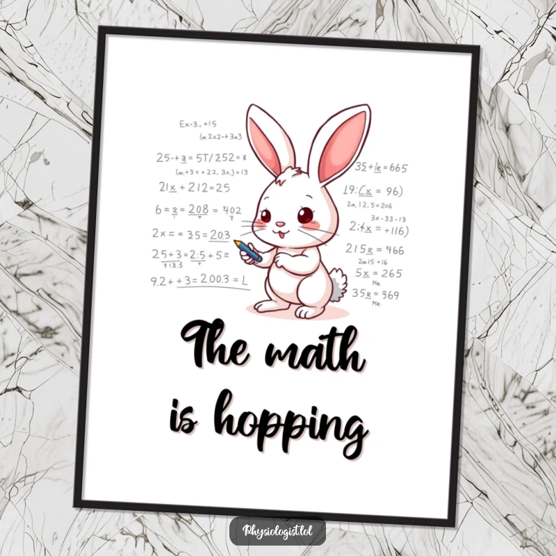 Funny digital art print of a hyperactive bunny rabbit scribbling intricate mathematical equations and scientific formulas on a whiteboard, full of energy.