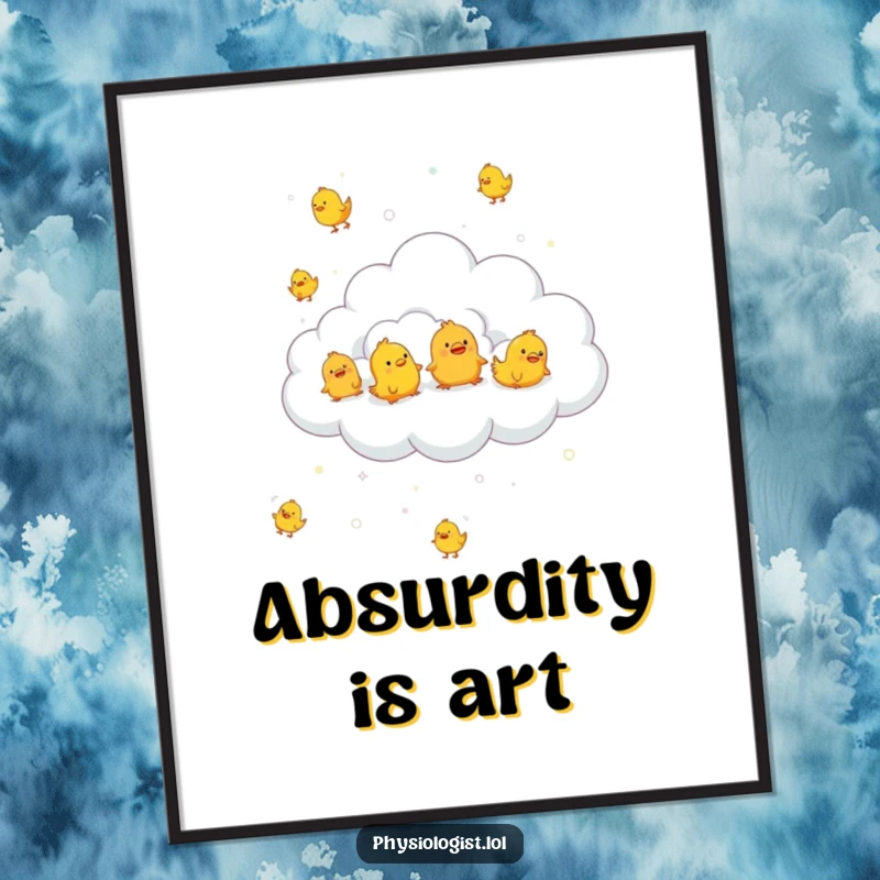 Funny fluffy cloud raining rubber chickens, as digital art, conveying whimsical humor and artistic charm.