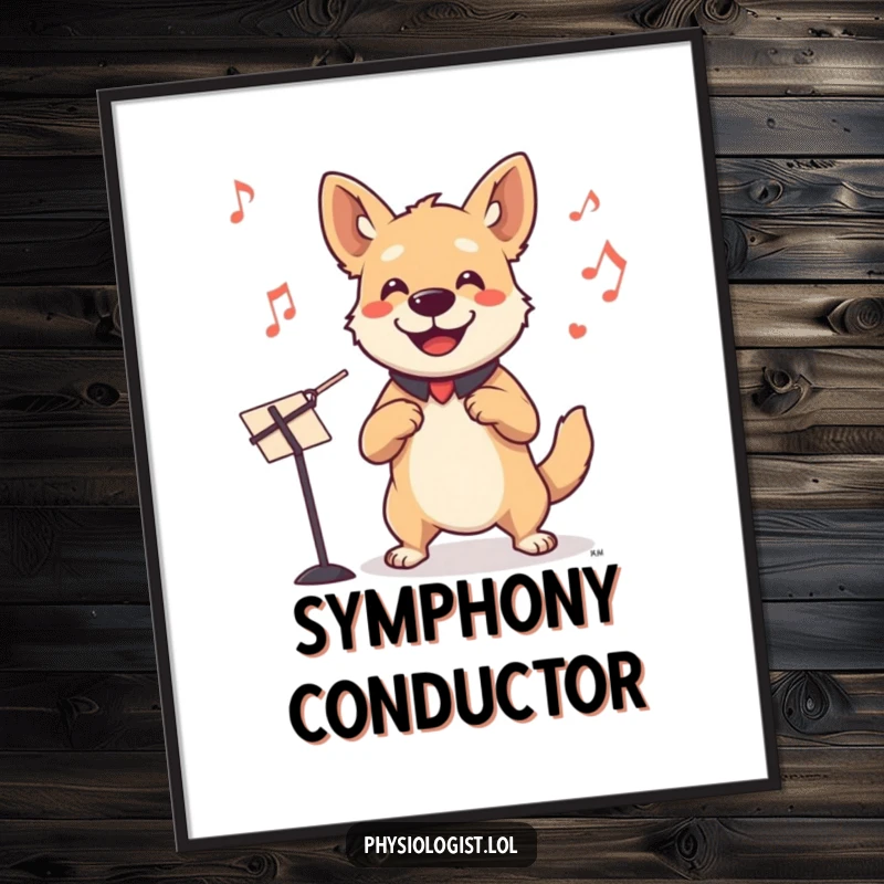 Funny dog conductor digital art print of a smiling dog leading an invisible orchestra, perfect for energetic digital decor.