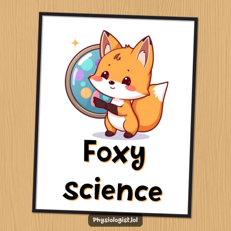 Funny fox biologist digital art print of a small fox excitedly pointing to a magnified cell with bright, colorful organelles, for decor.