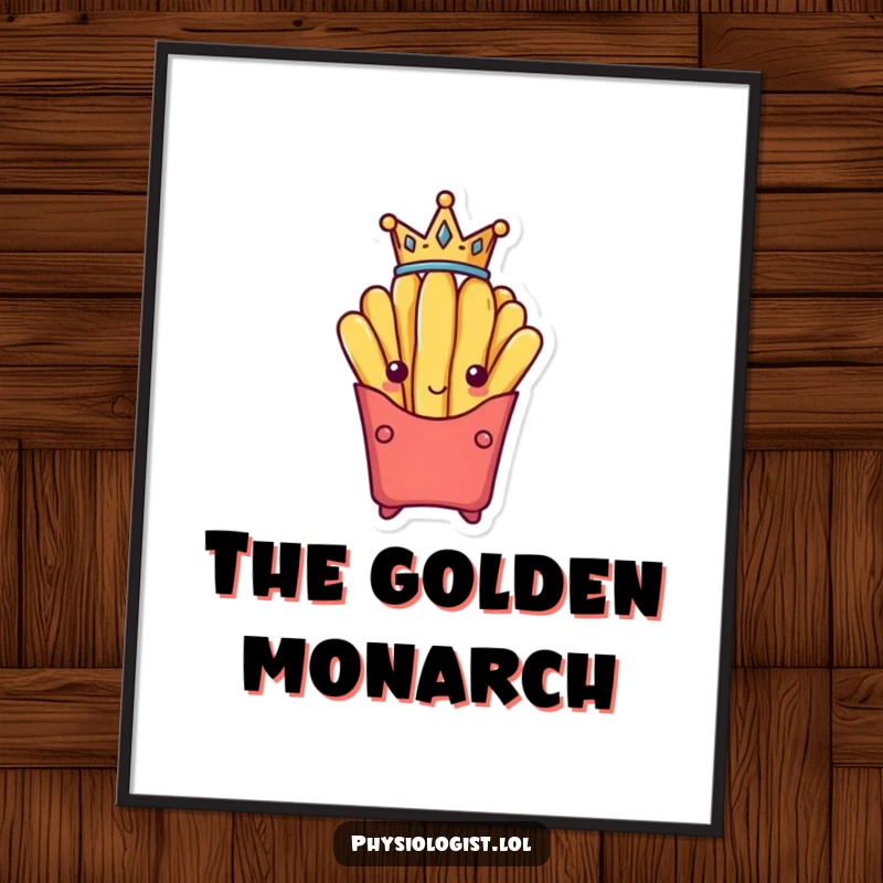 Funny victorious french fry wearing a tiny crown, rendered as high-resolution, humorous wall art.