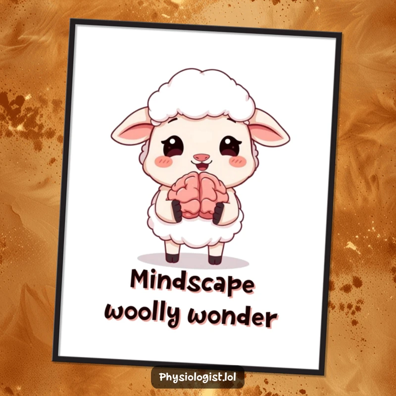 Funny digital art print: a sheep laughing hysterically while holding a small, animated brain. Perfect intellectual humor for home decor, great funny gift.