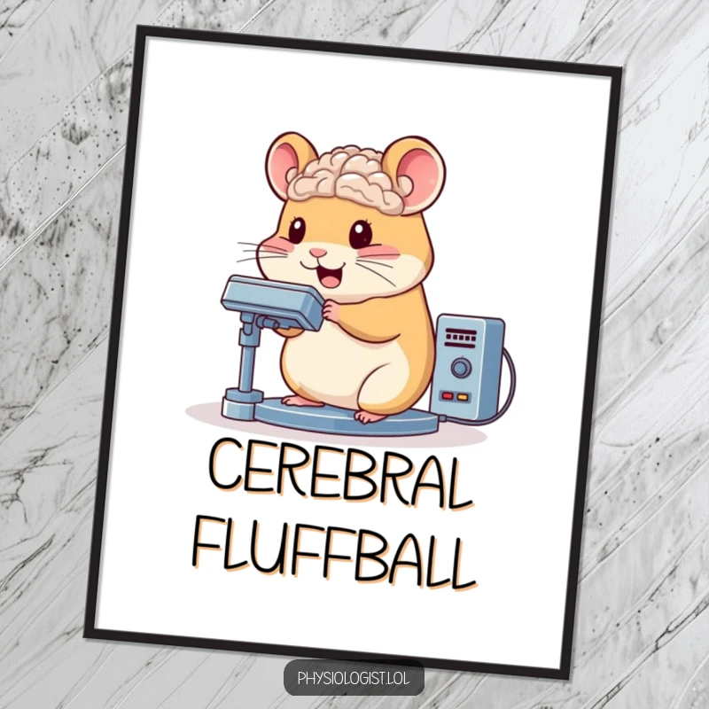 Funny hamster digital art print character bouncing while operating a complex brain scanner, instantly downloadable smart decor.