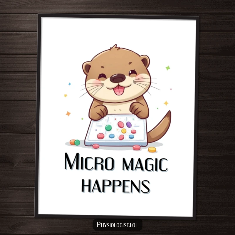 Funny otter digital art print, a cheerful otter sprinkling glitter and pills onto a microscopic slide, offering instant magical art.