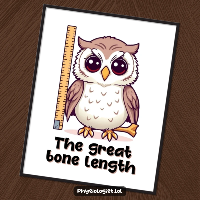Funny digital art print, a curious owl measuring a very long bone, creating intellectual humor on display.