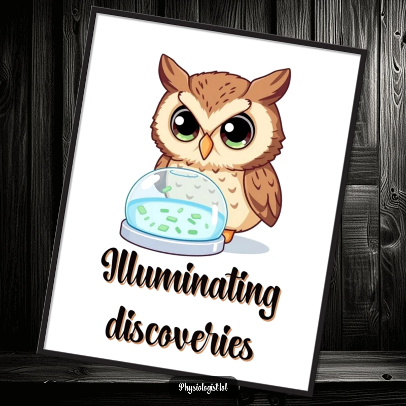 Funny owl digital art print of a curious owl with wide eyes studying a glowing petri dish, ideal for humorous scientific wall art.