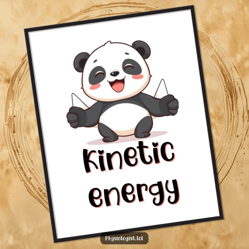 Funny panda digital art print of a cheerful panda using puppets to demonstrate muscle movement, ideal for humorous fitness-themed wall art.