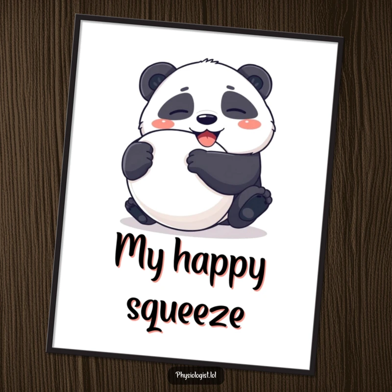Funny Digital Art Print: Giggling panda enthusiastically squeezing an ambiguously shaped stress ball, vivid comedic illustration.