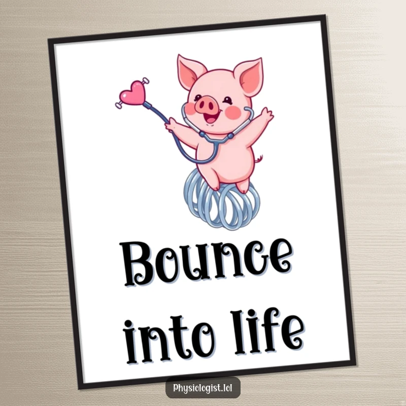 Funny piglet digital art print, a happy pink piglet bouncing on a spring with a stethoscope, offering instant energetic art.