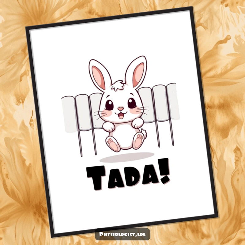 Funny digital art print of a jumping rabbit peeking out from behind a playful barrier, offering instant humorous wall decor.