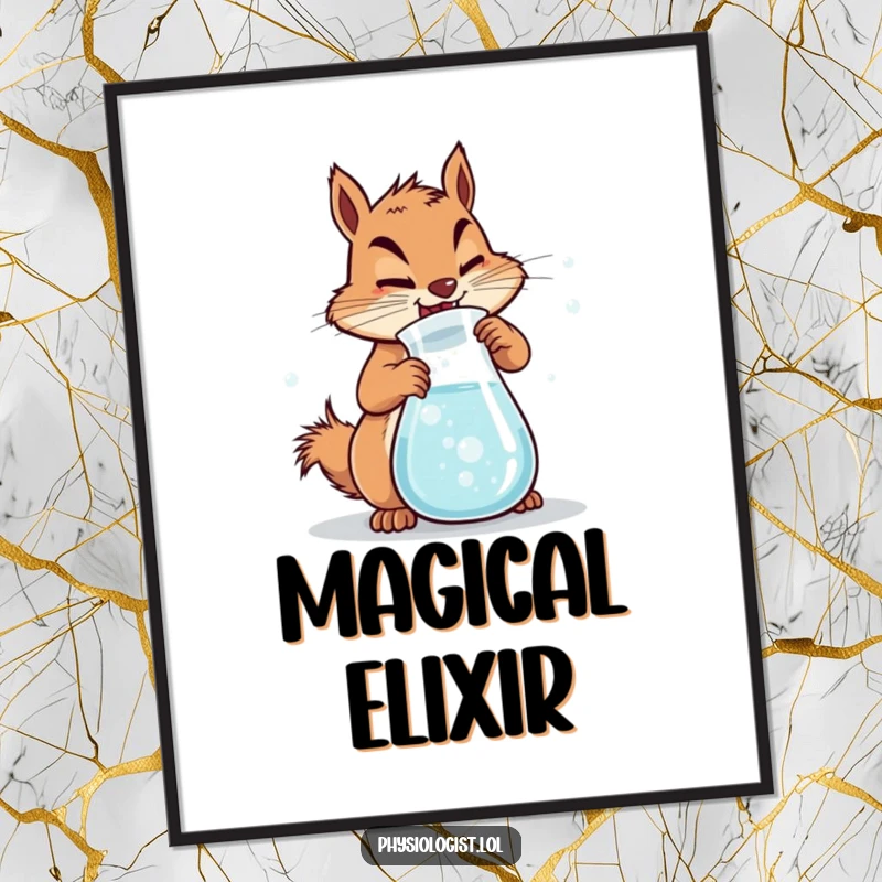 Funny Squirrel Chemist Digital Art Print of a determined squirrel vigorously churning a beaker filled with bubbly liquid, ideal for labs.