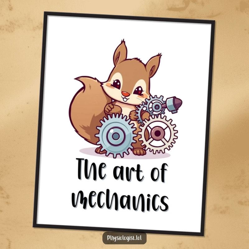 Funny digital art print of a determined squirrel carefully adjusting complex spinning gears, perfect humorous wall decor for inventive minds.