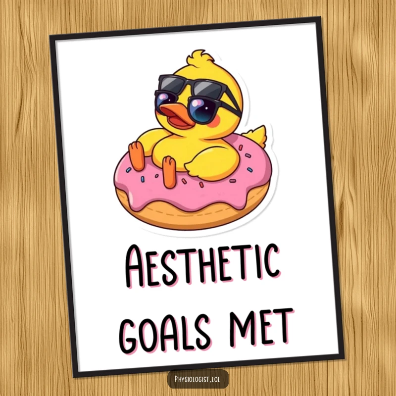 Funny rubber ducky in sunglasses relaxing on a donut, offered as a digital art print, conveying a humorous and chill artistic style.