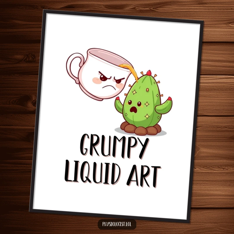 Funny grumpy teacup pouring tea onto a startled cactus, rendered as high-resolution, humorous wall art.