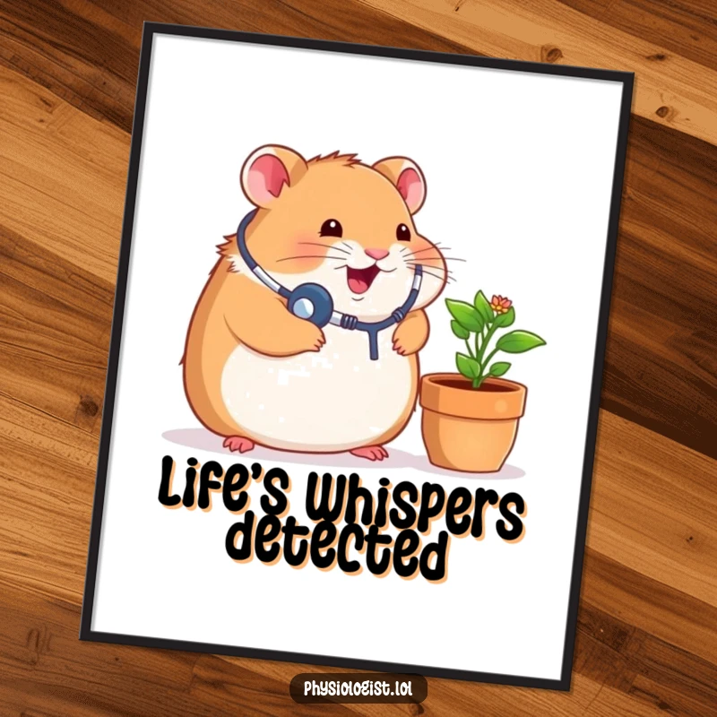Funny digital art print of a chubby hamster in a doctor's coat with a stethoscope, attentively listening to a small potted plant, whimsical and cute.