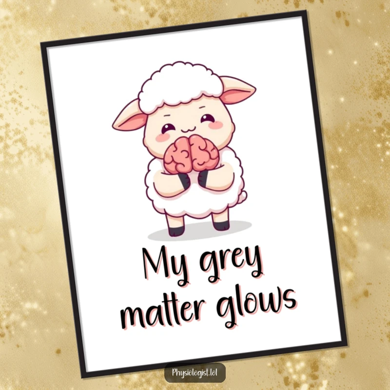 Funny digital art print of a sheep giggling with a tiny animated brain, a humorous and whimsical image for instant download.