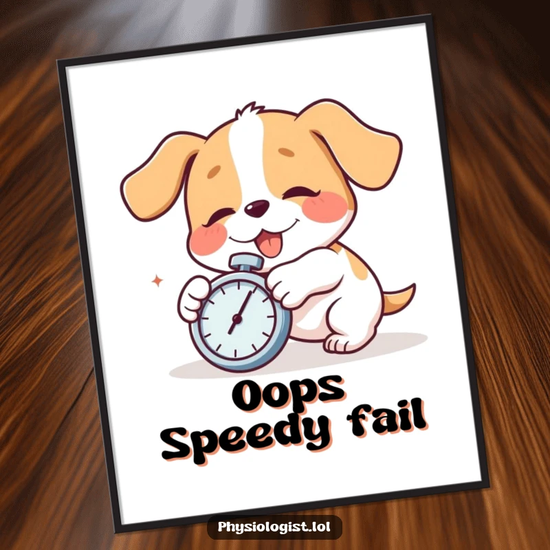 Funny dog tripping comically with a stopwatch, digital art print. A hilarious funny gift for instant decor.