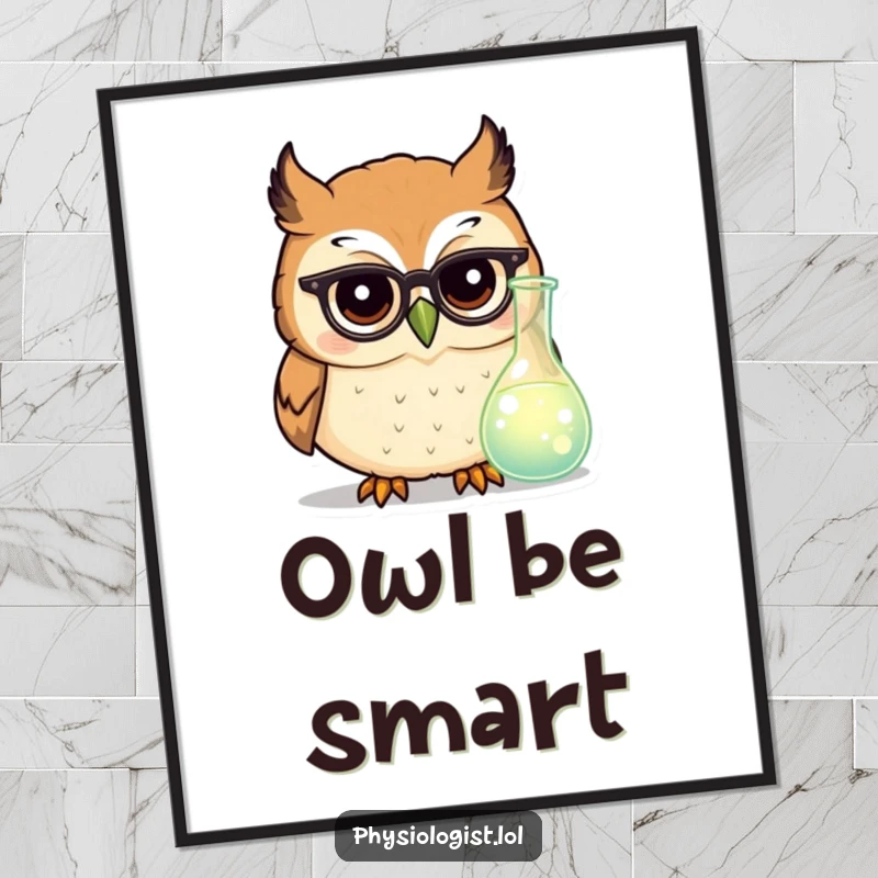 Funny owl scientist digital art print of a round owl with tiny glasses looking at a glowing beaker, for smart decor.