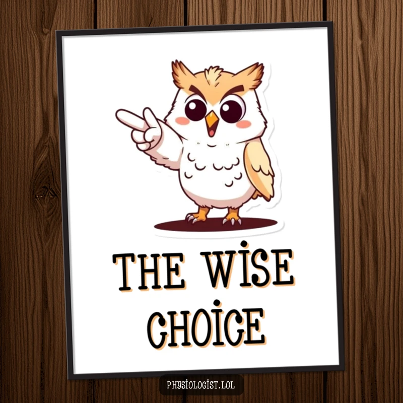 Funny cheerful owl pointing digital art print, an owl dramatically indicating a goal, high-resolution printable for wall decor.