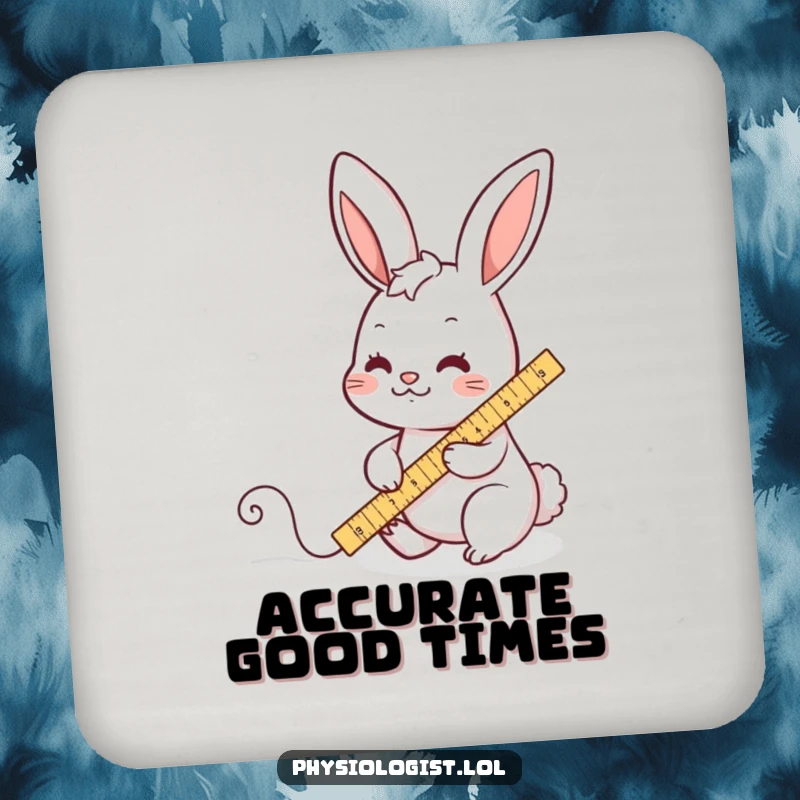 Funny drink coasters showing a busy rabbit character diligently measuring a wiggly line with a ruler, adding humorous protection to tabletops.