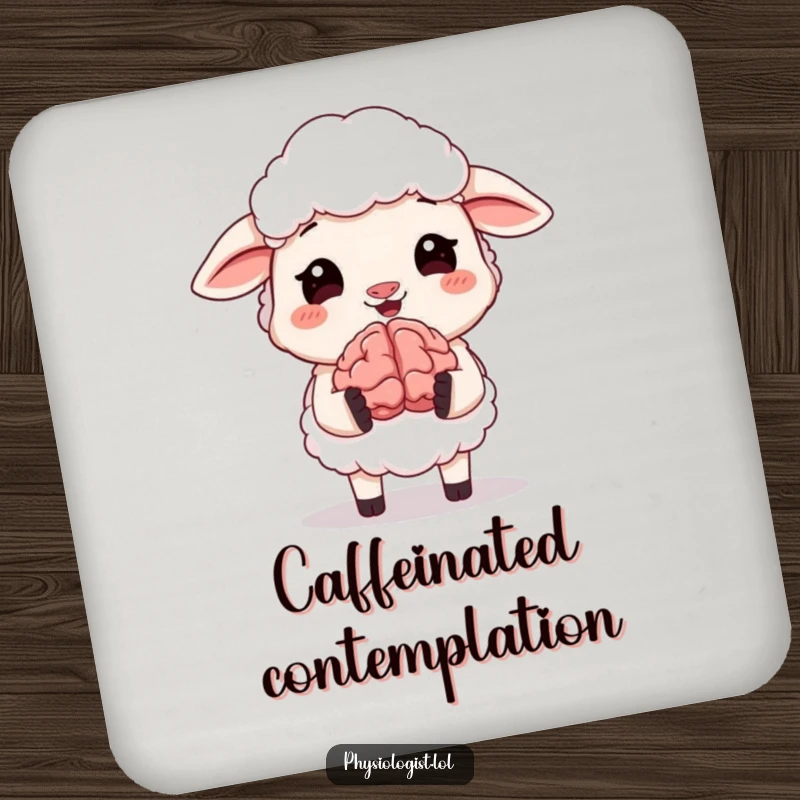Funny drink coaster with a sheep gleefully holding a tiny, animated brain. Protects surfaces with style and humor, a great funny gift.
