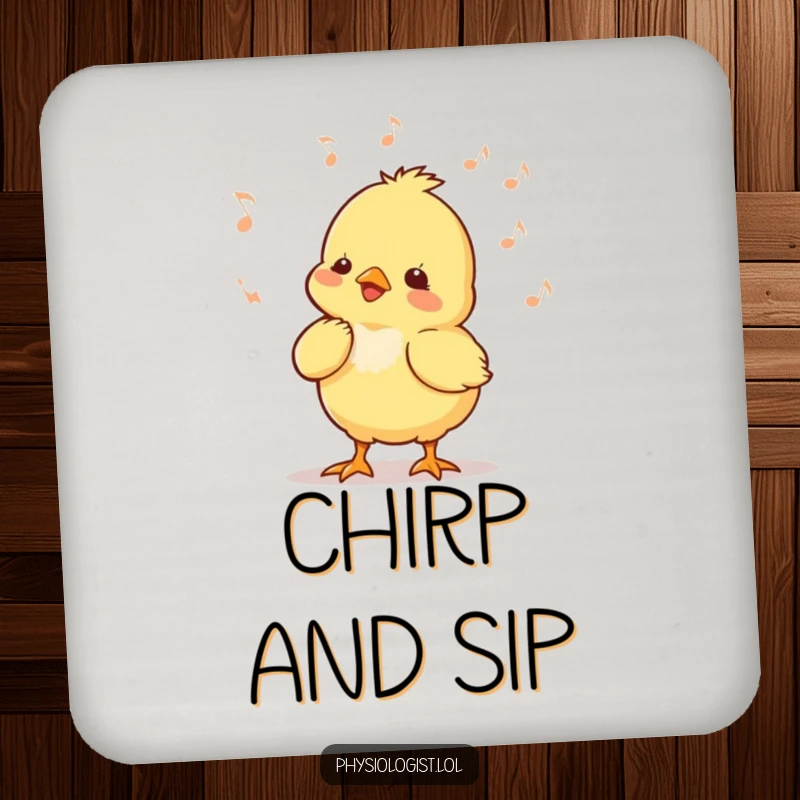 Funny chick music drink coaster with a tiny chick bobbing its head to music, protecting surfaces with a rhythmic flair.