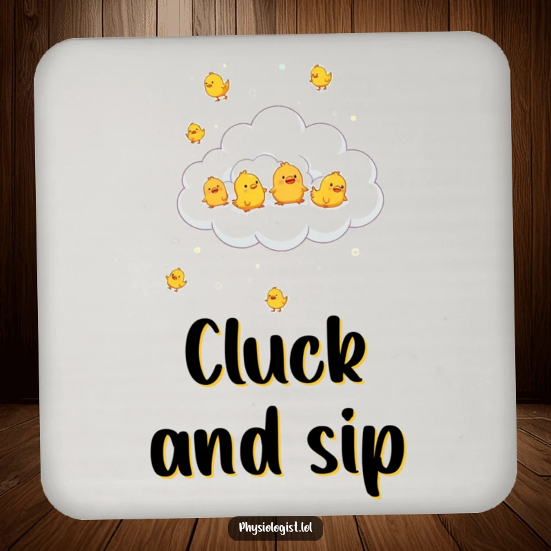 Funny fluffy cloud raining tiny rubber chickens, featured on a drink coaster, offering whimsical surface protection.