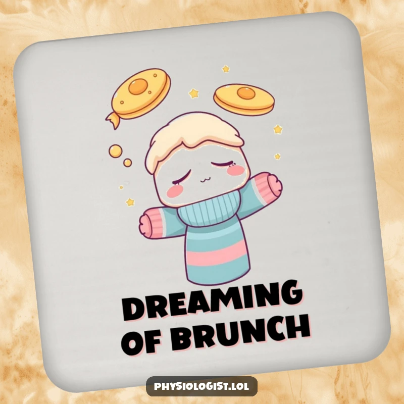 Funny drink coaster featuring a sleepy sock puppet character having a whimsical dream about pancakes flying, adding a humorous touch to table settings.