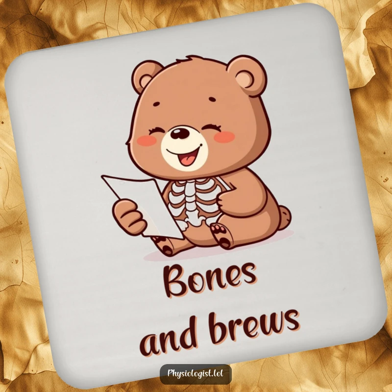 Funny drink coaster with a happy bear cub examining a skeleton anatomy diagram, perfect for adding humor.