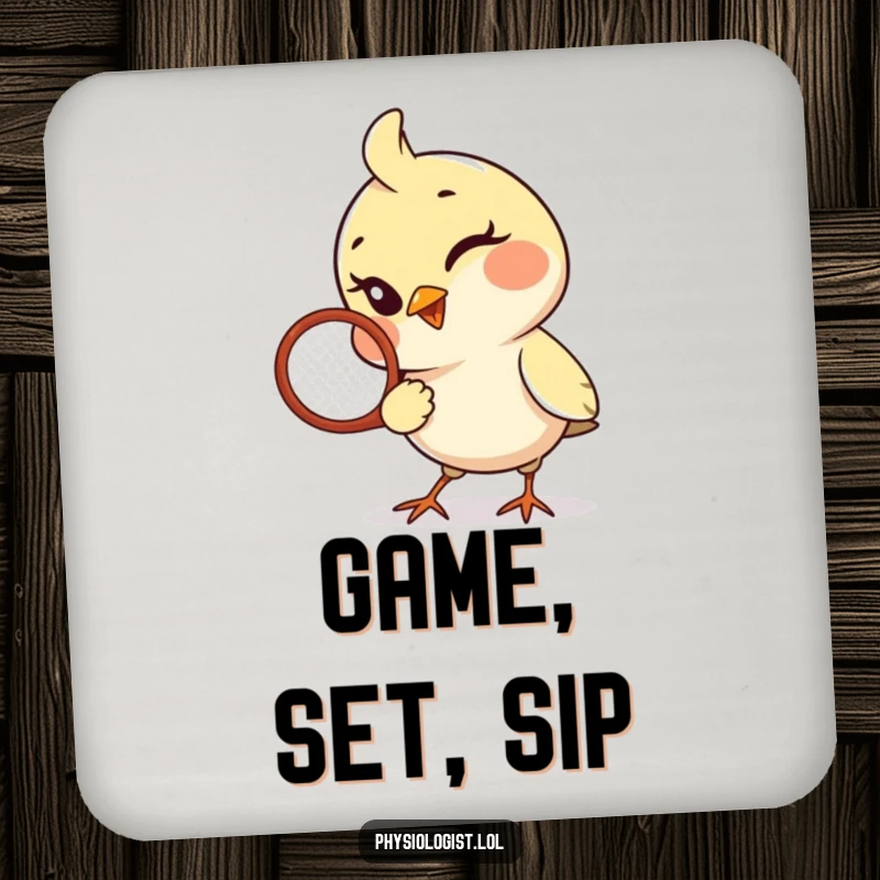 Funny Bird Coasters: A playful bird winks while holding a tennis racquet, offering humorous and sporty surface protection.