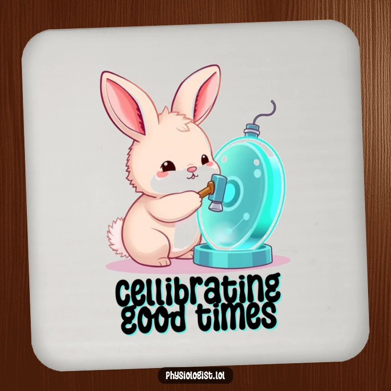 Funny bunny coasters, a set of coasters featuring a curious bunny tapping a glowing cell model with a hammer, adding humor.