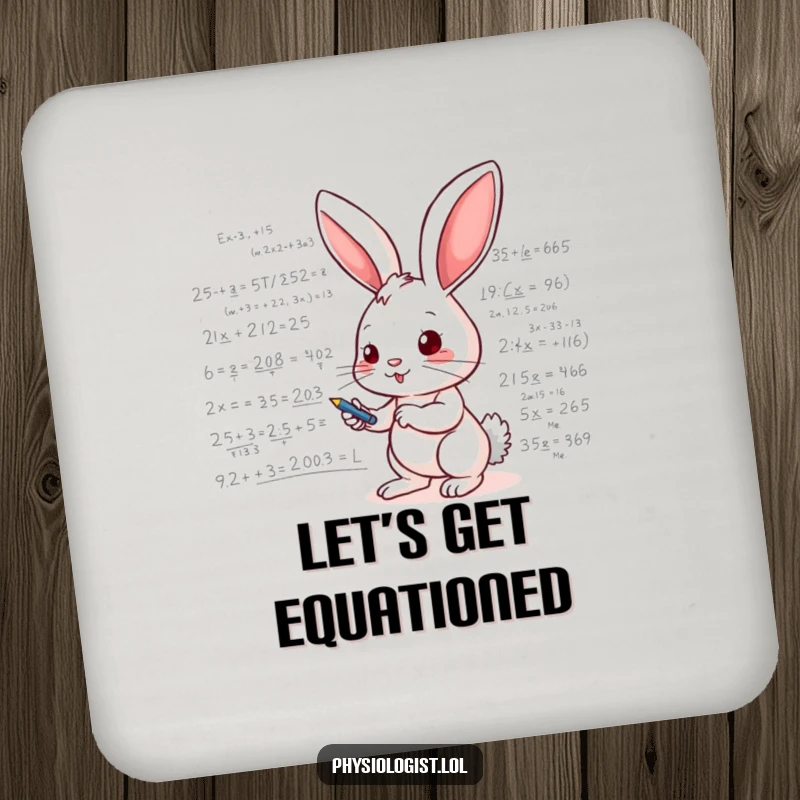 Funny drink coaster showing an energetic bunny writing mathematical equations on a whiteboard, protecting tables from drinks with style.