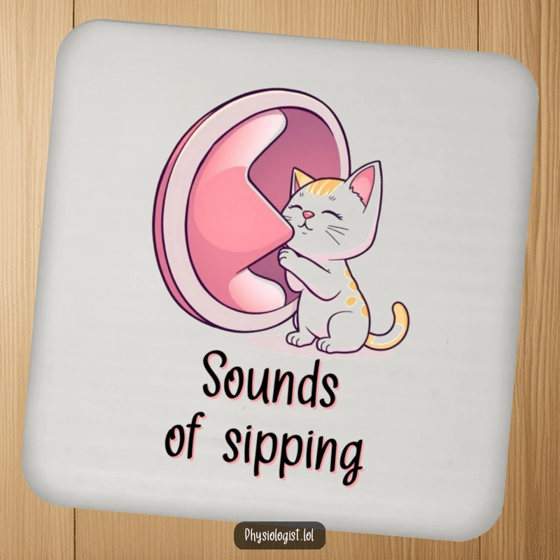 Funny drink coaster, a cat with a giant lung, protecting surfaces with humorous feline charm.