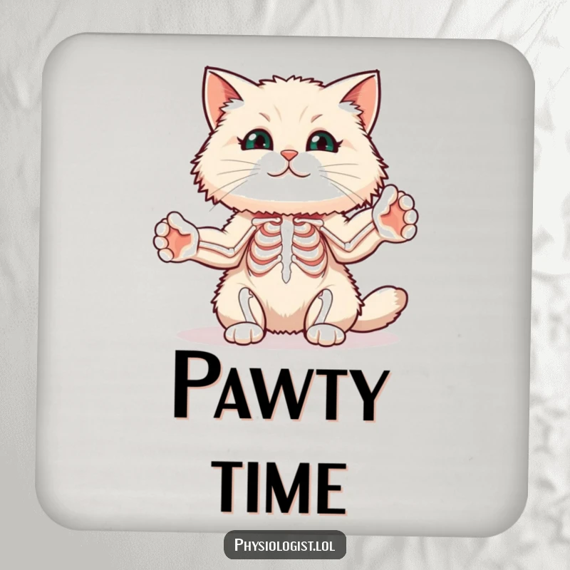 Funny cat muscle drink coaster with a fluffy cat stretching its paws to illustrate muscle diagrams, offering fitness humor.