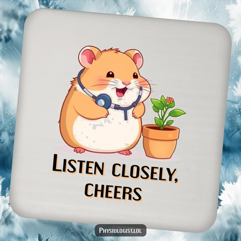 Funny drink coaster featuring a chubby hamster doctor wearing a stethoscope, listening to a potted plant, protecting surfaces from moisture.