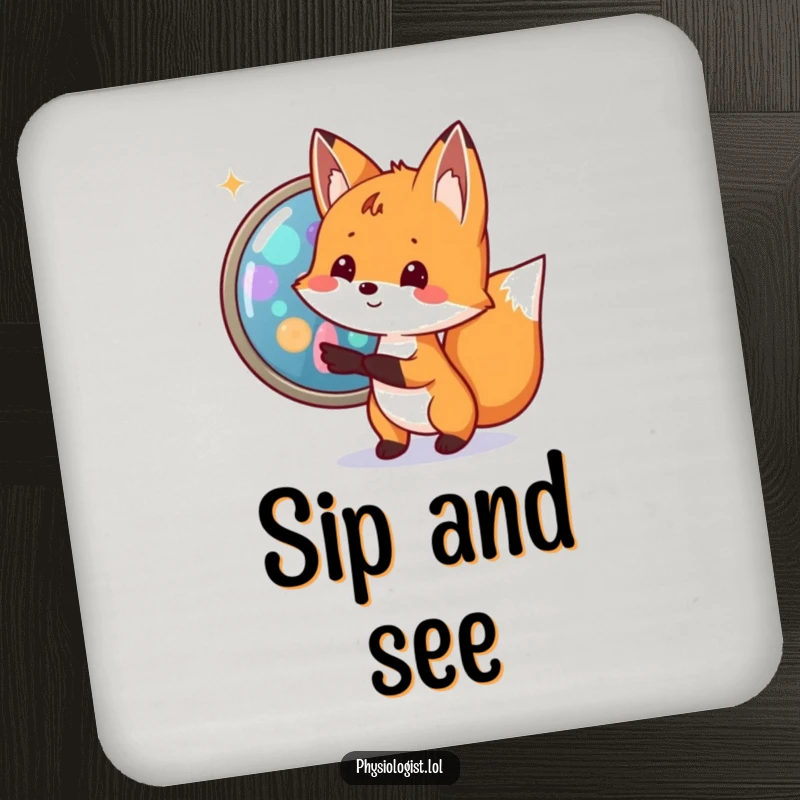 Funny fox biologist drink coaster with a small fox excitedly pointing to a magnified cell with bright, colorful organelles, offering science humor.