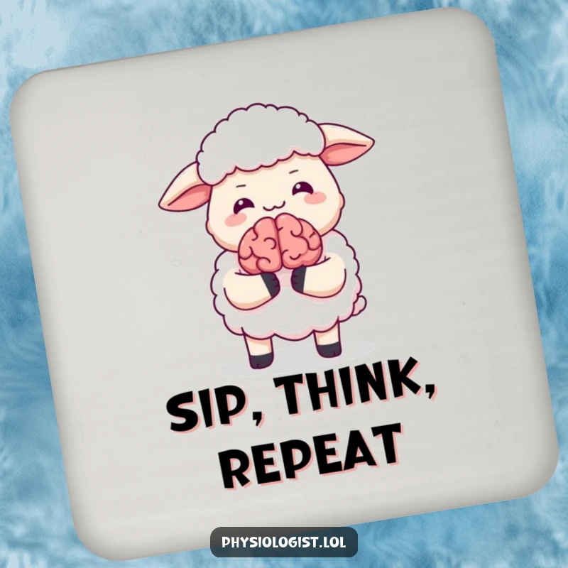 Funny drink coaster featuring a giggling sheep holding a small animated brain, protecting surfaces with a dose of humor.