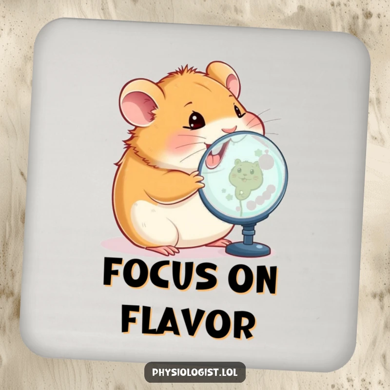 Funny hamster coasters showing a happy hamster closely inspecting a magnified image on a screen, adding humorous technological protection to your surfaces.