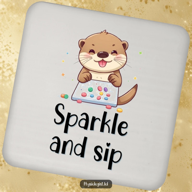 Funny otter coasters, a set of coasters featuring a cheerful otter sprinkling glitter and pills onto a microscopic slide, adding humor.