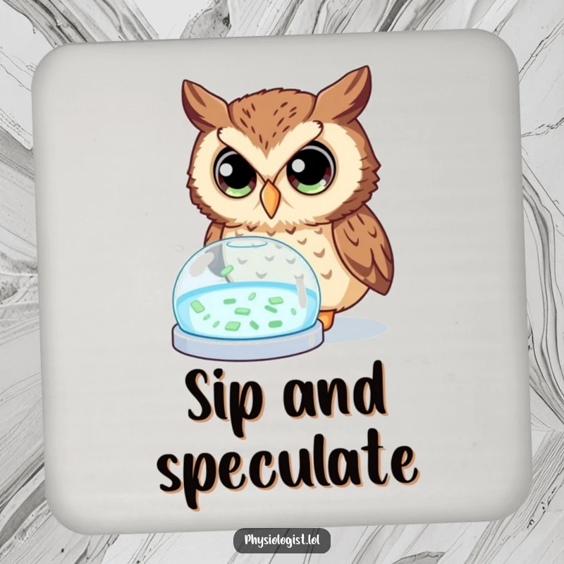 Funny owl coasters showing a curious owl with wide eyes examining a glowing petri dish, adding humorous scientific protection to your surfaces.