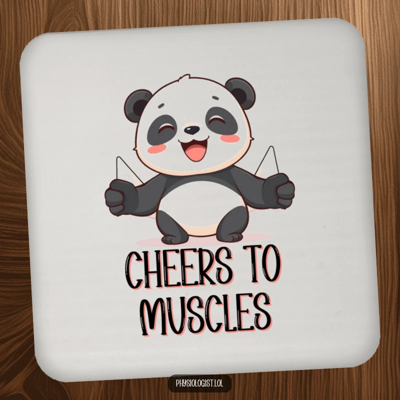 Funny panda coasters showing a cheerful panda using puppets to demonstrate muscle movement, adding humorous fitness protection to your surfaces.