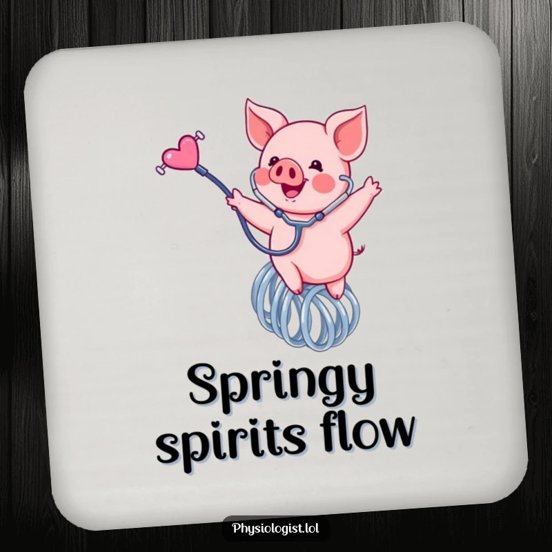 Funny piglet coasters, a set of coasters featuring a happy piglet bouncing on a spring with a stethoscope, adding humor.