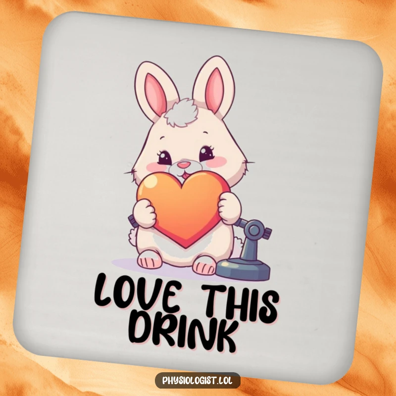 Funny coaster set featuring a fluffy rabbit examining a large, colorful heart under a microscope.