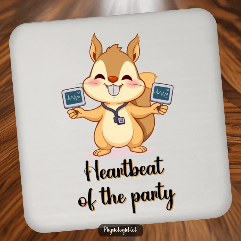 Funny squirrel EKG drink coaster featuring a happy squirrel juggling heart monitor readouts, protecting surfaces with cheerful medical humor, an ideal funny gift.