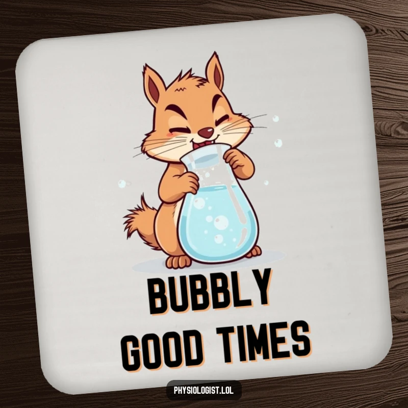 Funny Squirrel Drink Coaster featuring a determined squirrel churning a beaker of bubbly liquid, adding a playful scientific touch.