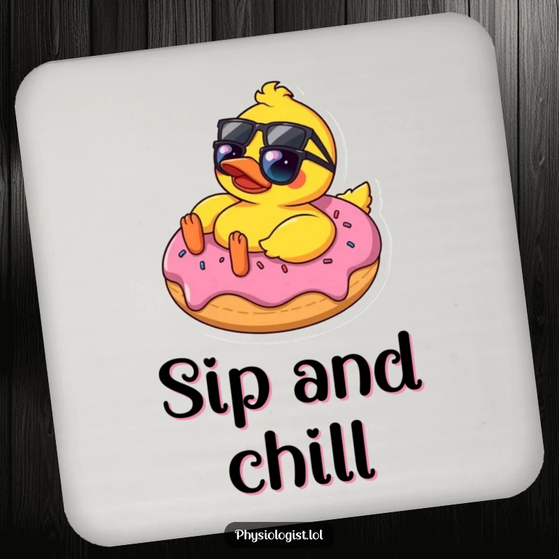 Funny rubber ducky wearing sunglasses relaxing on a donut, featured on a drink coaster, protecting surfaces with humor.