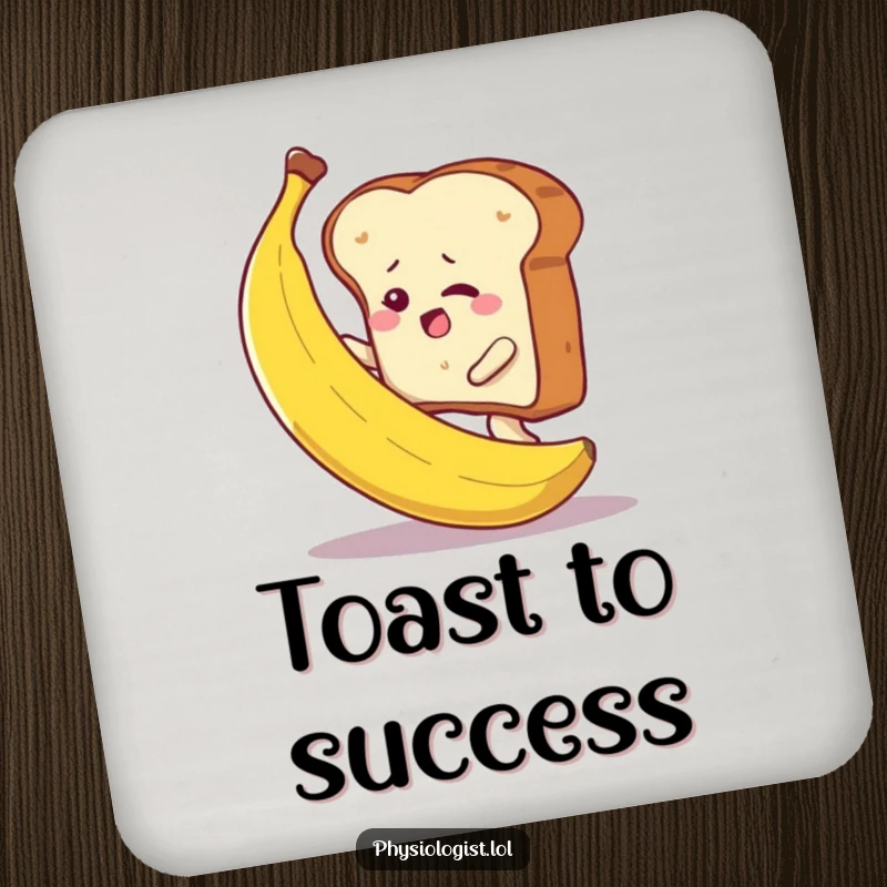 Funny determined toast slice climbing a banana, featured on a drink coaster, offering humorous surface protection.