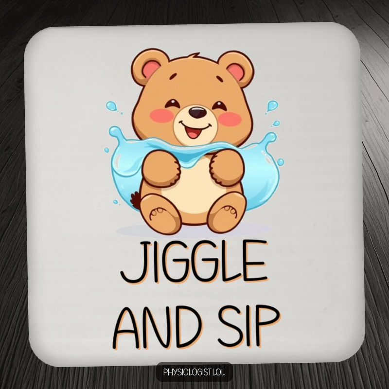 Funny bear fluid balance drink coaster with a smiling bear jiggling with wobbly blue liquid, offering hydration humor.